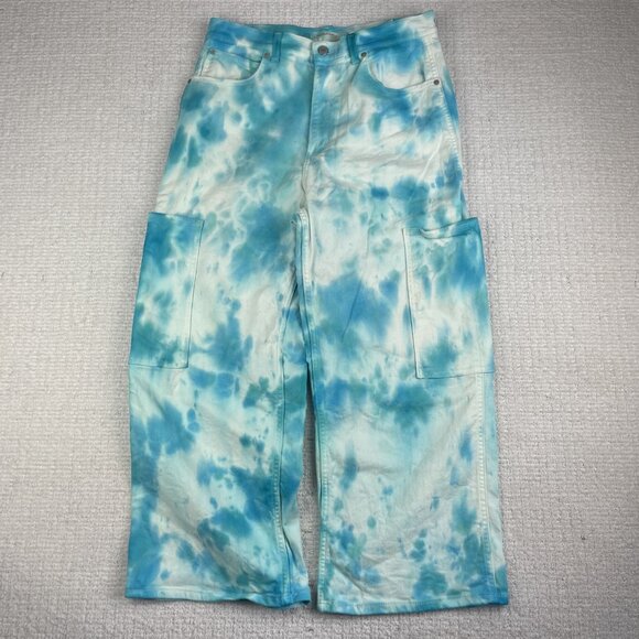 Levis Wom Cargo Jeans W30 Blue Tie Dye Hippie High-Waisted Wide Leg crop (Read) - Picture 1 of 16